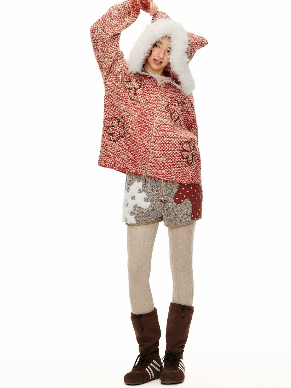 OuttheBlue Cozy Zip Hooded Cardigan Loose Fit Commuter Chic Women Acrylic Red Sweater