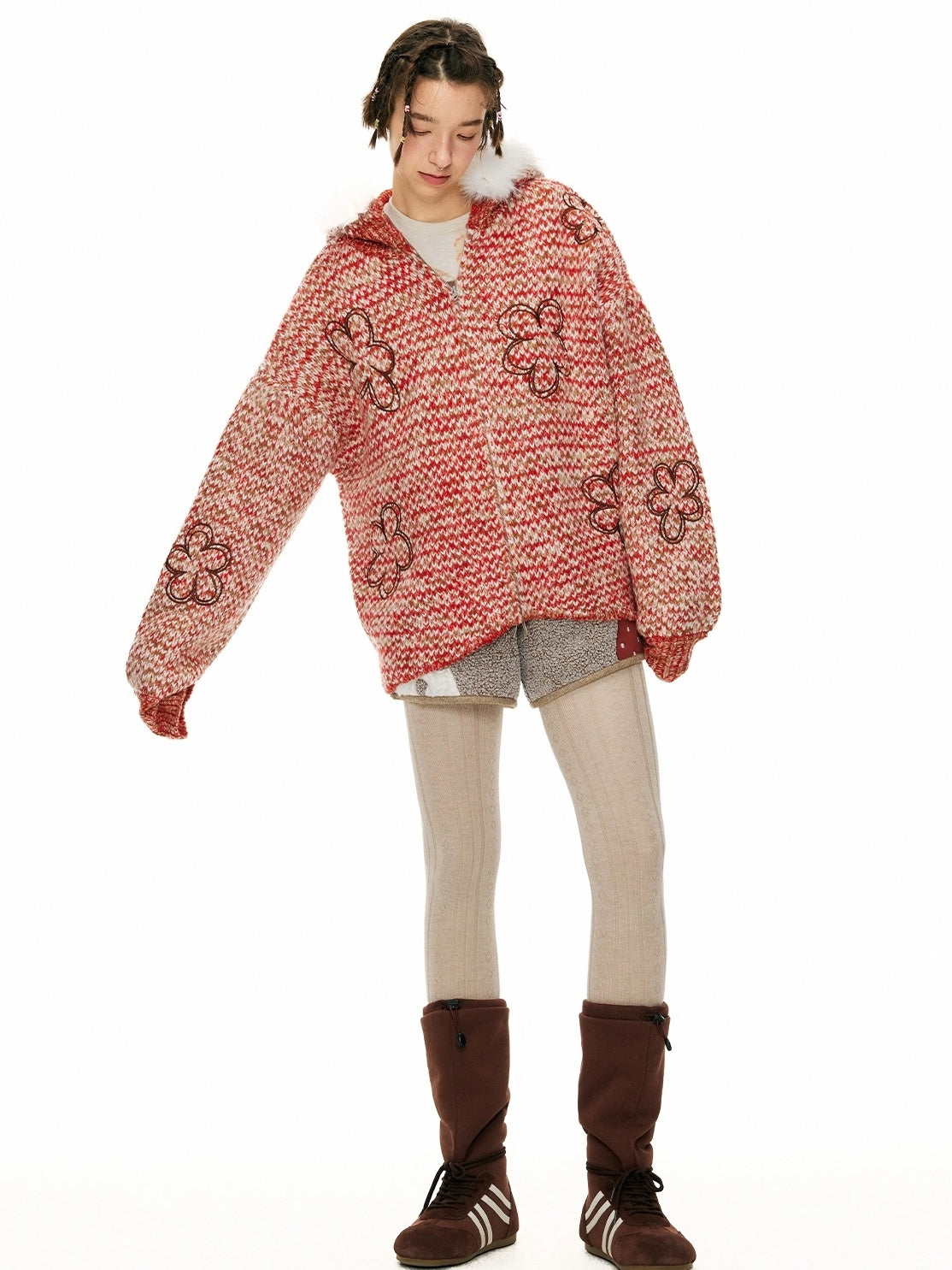 OuttheBlue Cozy Zip Hooded Cardigan Loose Fit Commuter Chic Women Acrylic Red Sweater