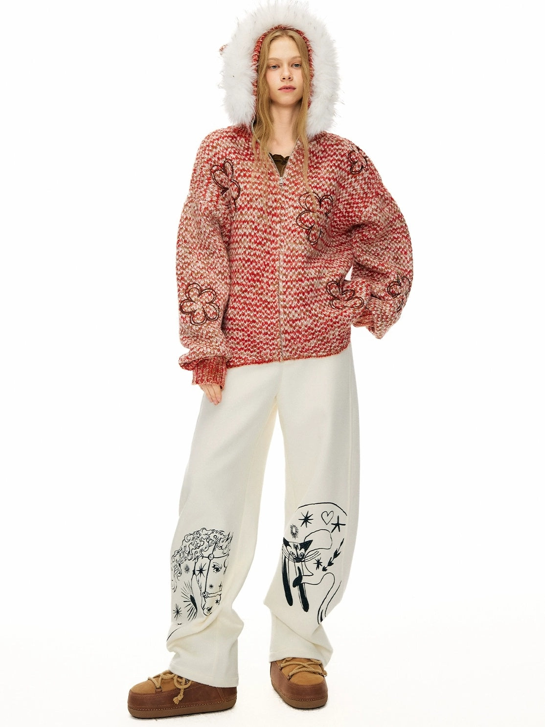 OuttheBlue Cozy Zip Hooded Cardigan Loose Fit Commuter Chic Women Acrylic Red Sweater