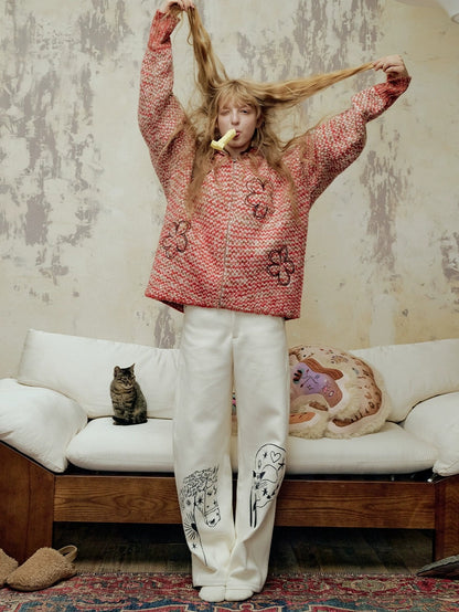 OuttheBlue Cozy Zip Hooded Cardigan Loose Fit Commuter Chic Women Acrylic Red Sweater