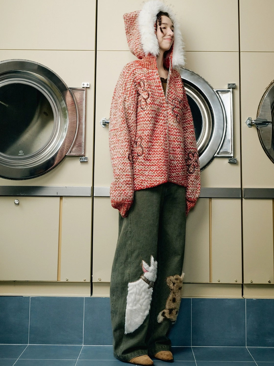 OuttheBlue Cozy Zip Hooded Cardigan Loose Fit Commuter Chic Women Acrylic Red Sweater