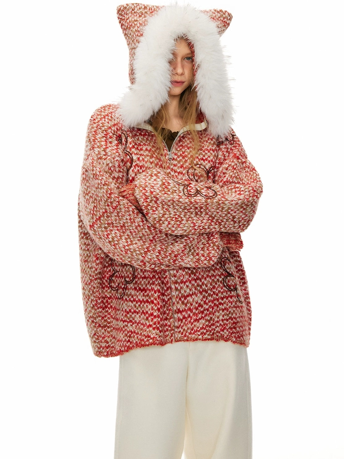 OuttheBlue Cozy Zip Hooded Cardigan Loose Fit Commuter Chic Women Acrylic Red Sweater