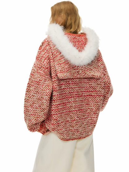 OuttheBlue Cozy Zip Hooded Cardigan Loose Fit Commuter Chic Women Acrylic Red Sweater