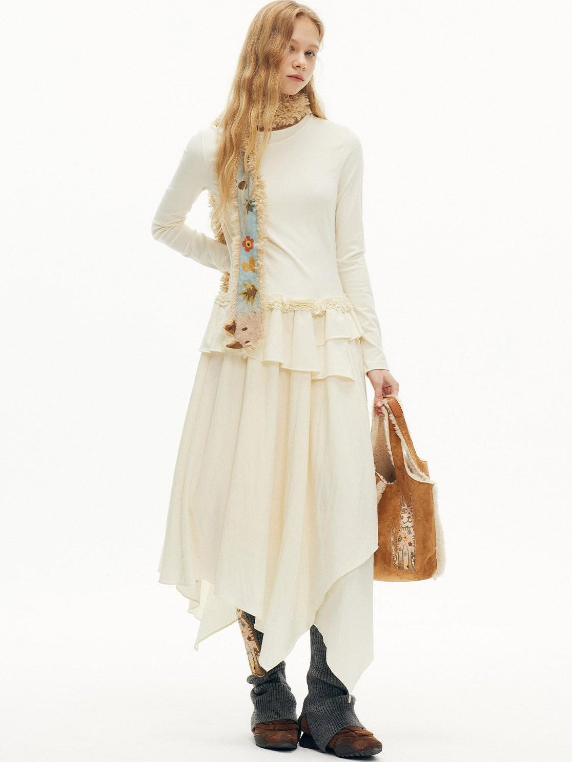 OuttheBlue Cream Intricate Lace Asymmetric Slimming Fleece Women&