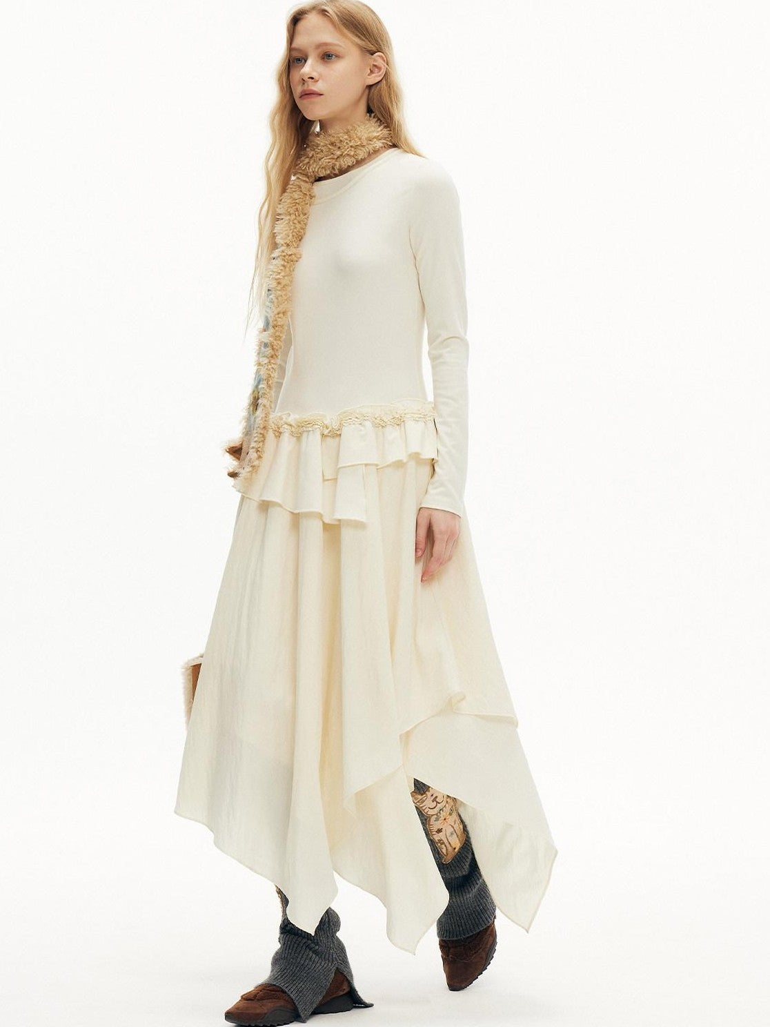 OuttheBlue Cream Intricate Lace Asymmetric Slimming Fleece Women&