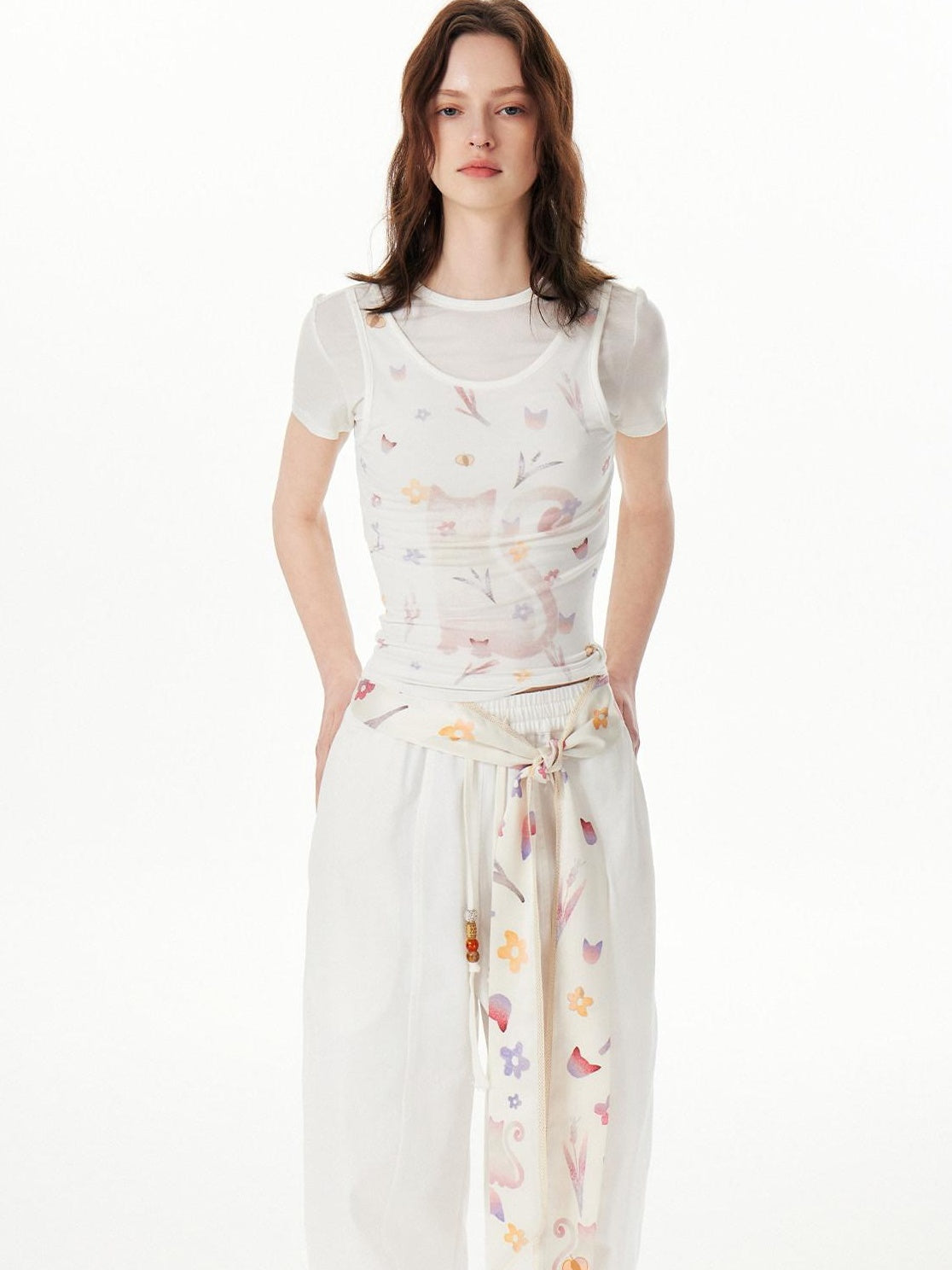 OuttheBlue Cute Cat Floral Print Scarf Style Polyester Waist Belt For Women Belts