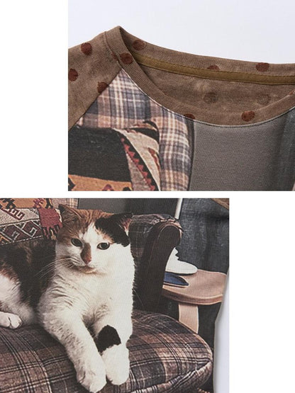 OuttheBlue Cute Cat Polka Dot Two Piece Set Raglan Sleeve Women Casual Long Sleeve T-Shirts
