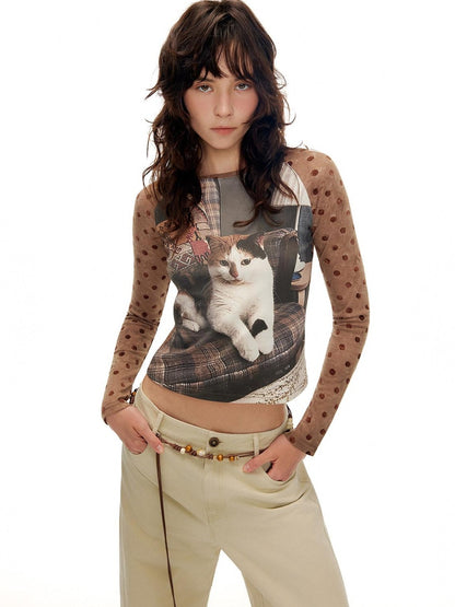 OuttheBlue Cute Cat Polka Dot Two Piece Set Raglan Sleeve Women Casual Long Sleeve T-Shirts