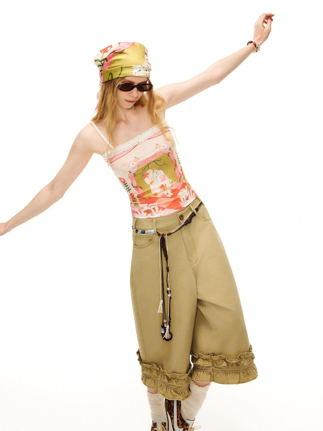 OuttheBlue Delicate Lace Animal Print Cropped Strappy Womens Pink Green Guava Camisoles