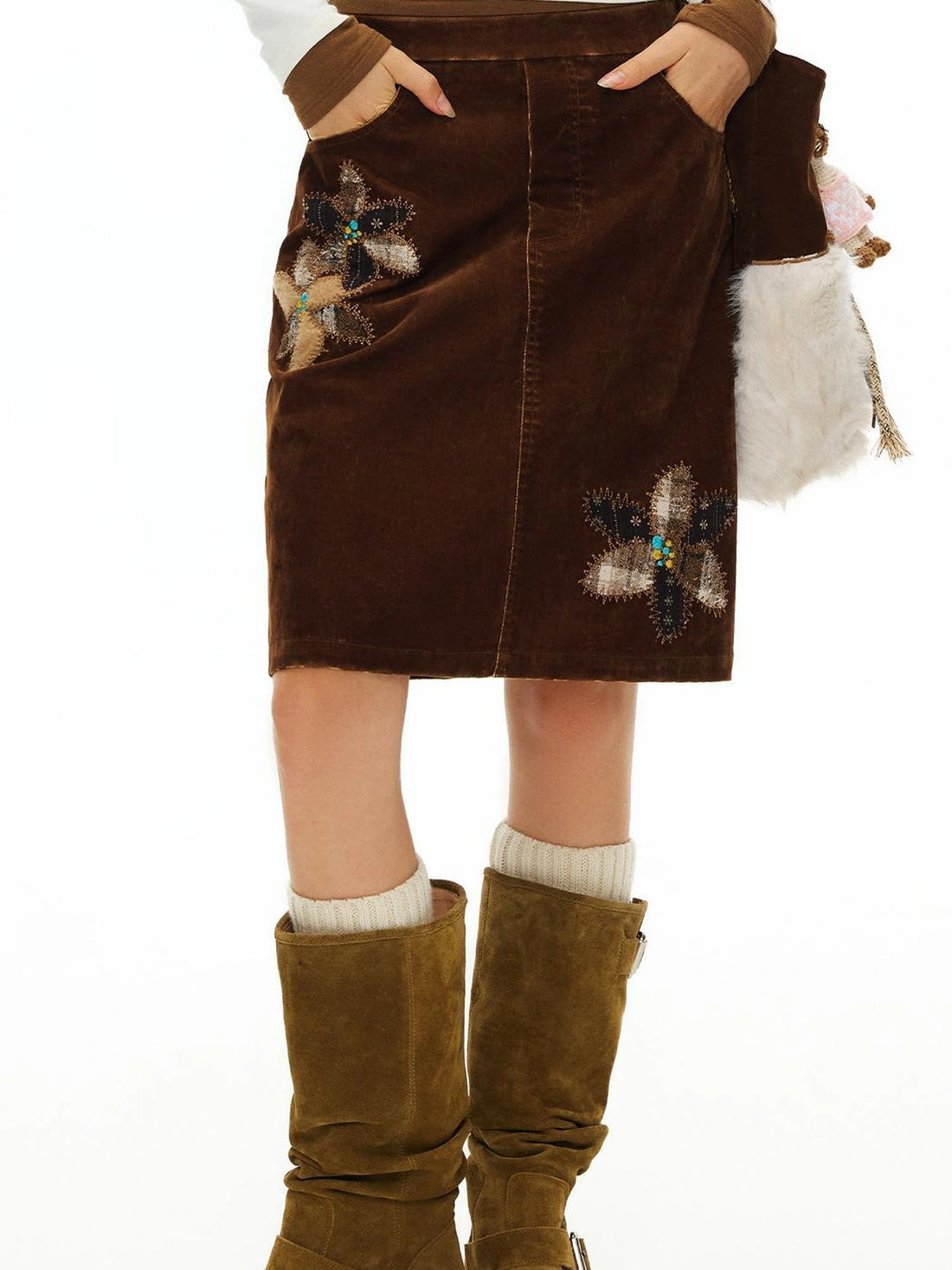 OuttheBlue Denim Velvet Floral Applique Midi Skirt