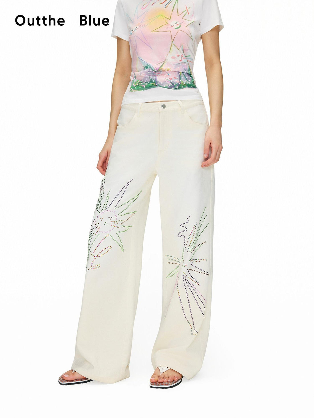 OuttheBlue Distressed Washed White Denim Relaxed Mid Rise Printed Teen Girls Chinos