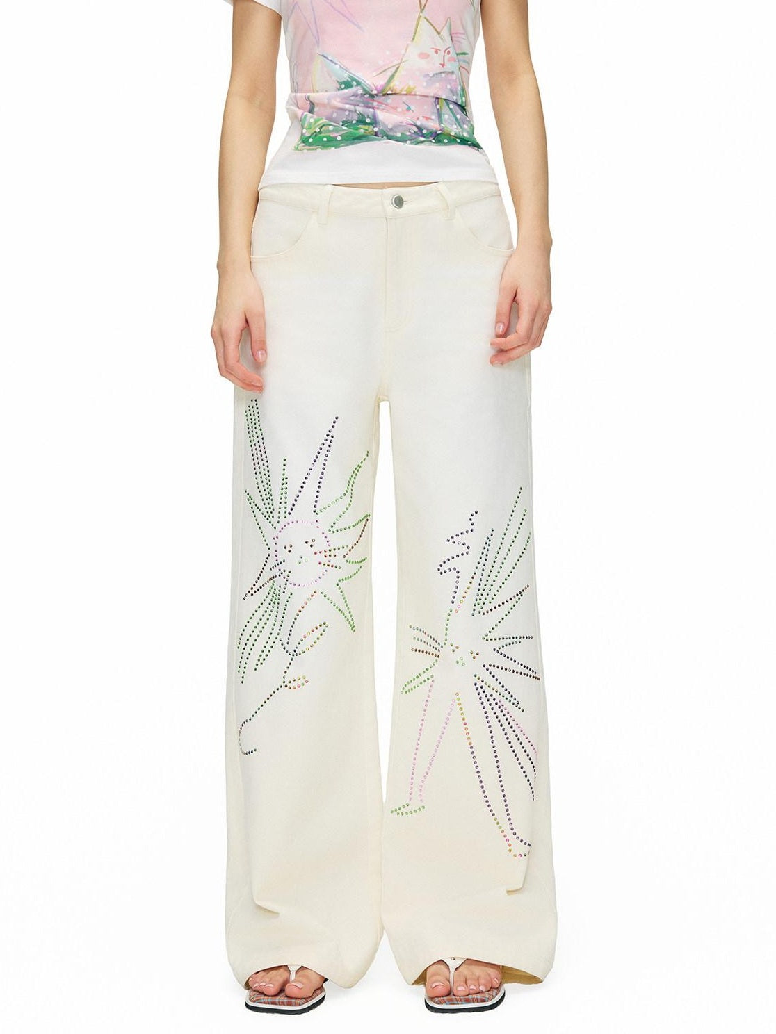 OuttheBlue Distressed Washed White Denim Relaxed Mid Rise Printed Teen Girls Chinos