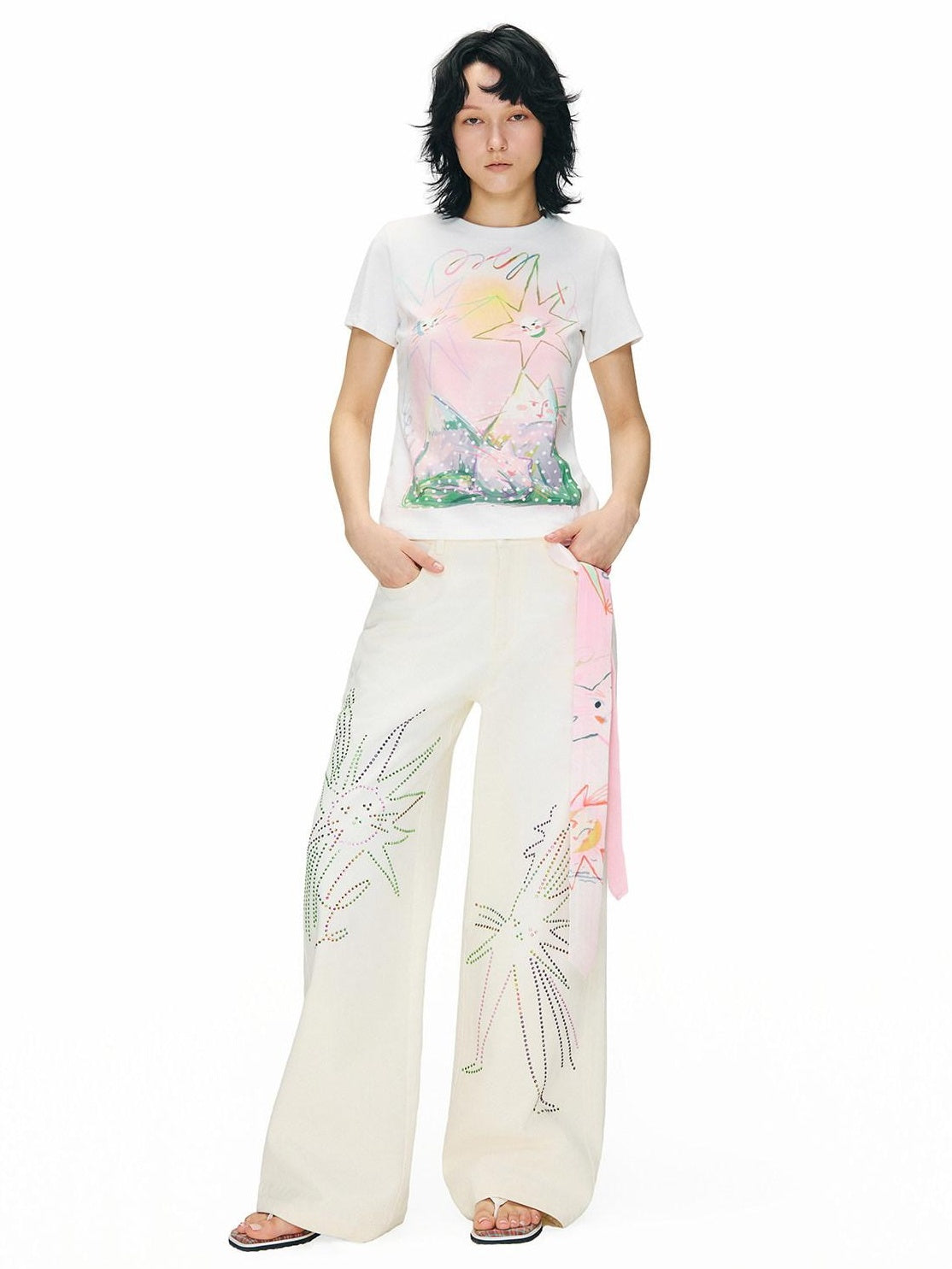 OuttheBlue Distressed Washed White Denim Relaxed Mid Rise Printed Teen Girls Chinos