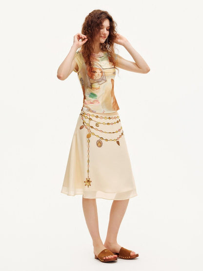 OuttheBlue Double Layer Printed Chiffon Satin Sheer A Line Women&