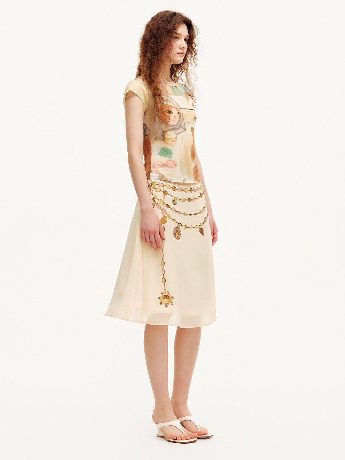 OuttheBlue Double Layer Printed Chiffon Satin Sheer A Line Women&