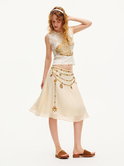 OuttheBlue Double Layer Printed Chiffon Satin Sheer A Line Women&
