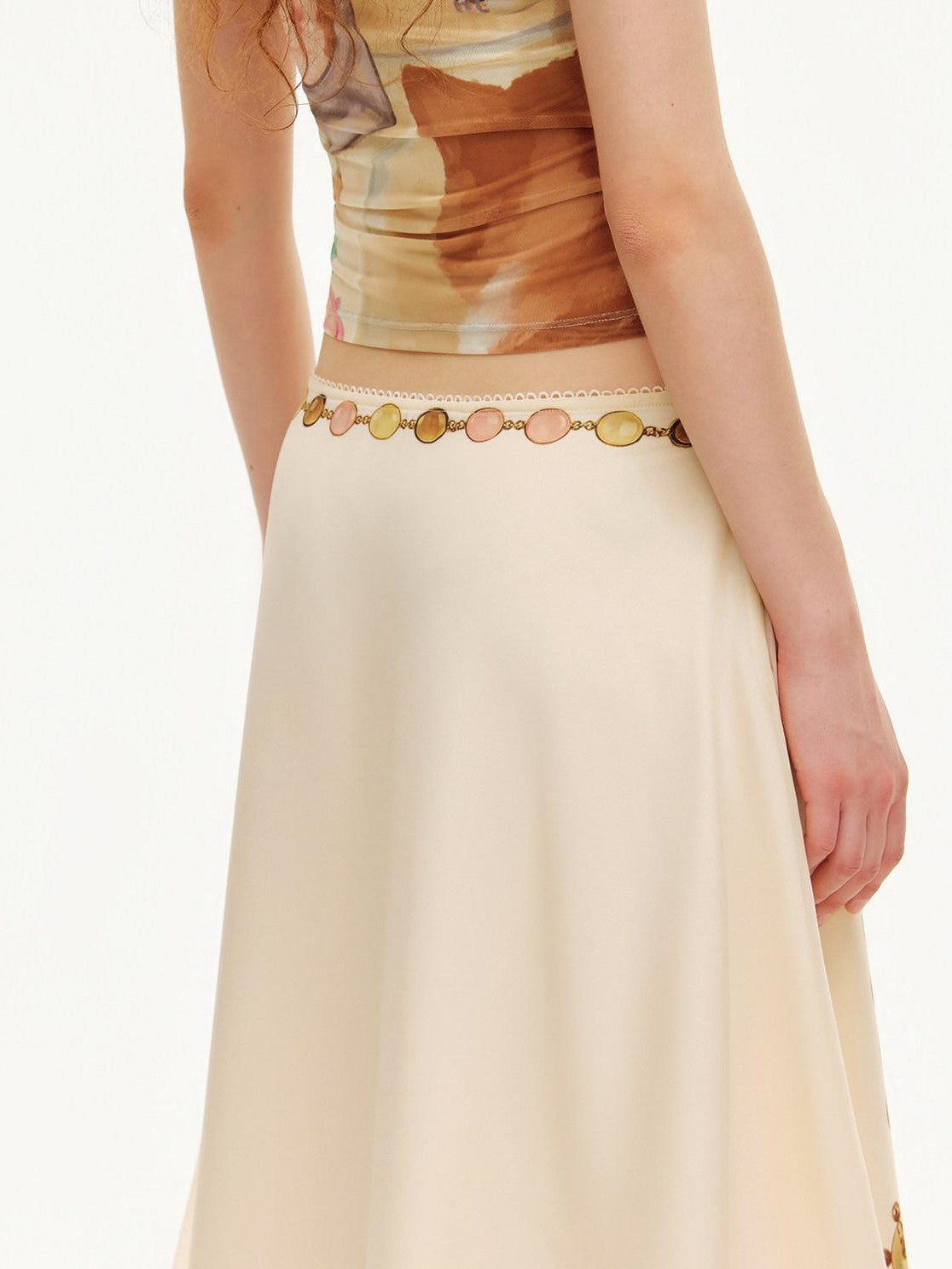 OuttheBlue Double Layer Printed Chiffon Satin Sheer A Line Women&