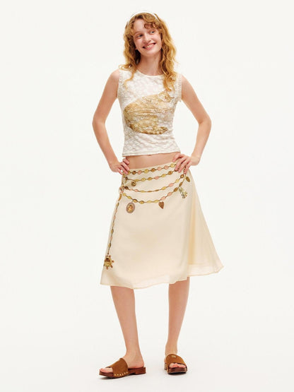 OuttheBlue Double Layer Printed Chiffon Satin Sheer A Line Women&
