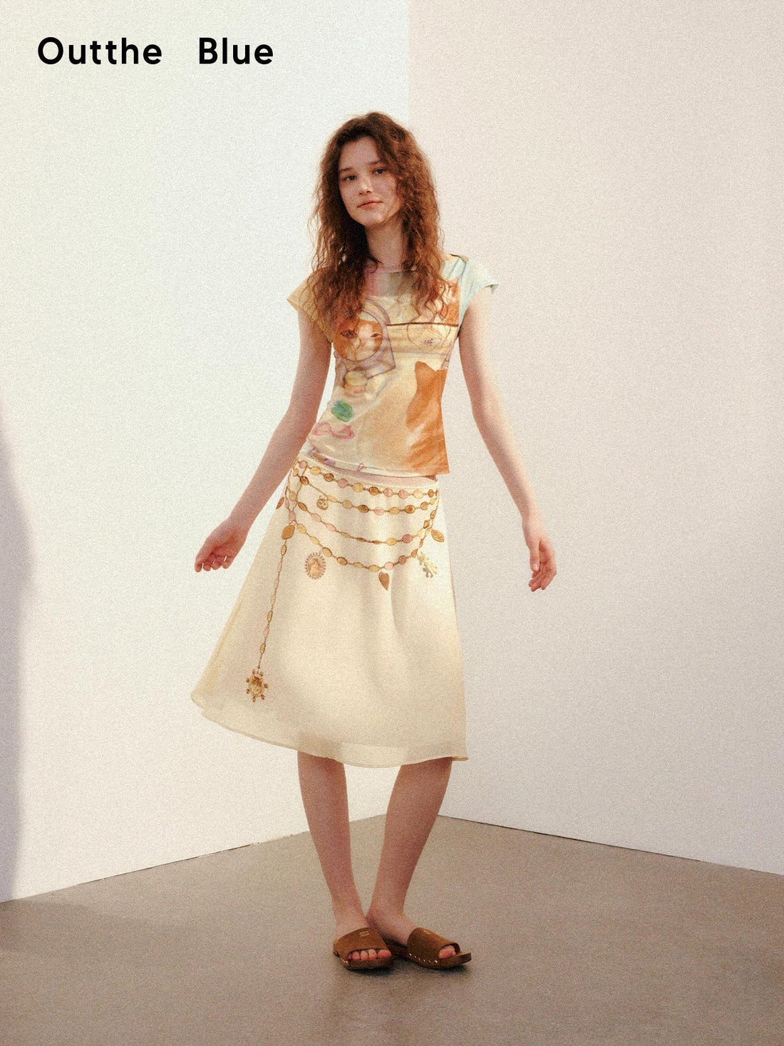OuttheBlue Double Layer Printed Chiffon Satin Sheer A Line Women&
