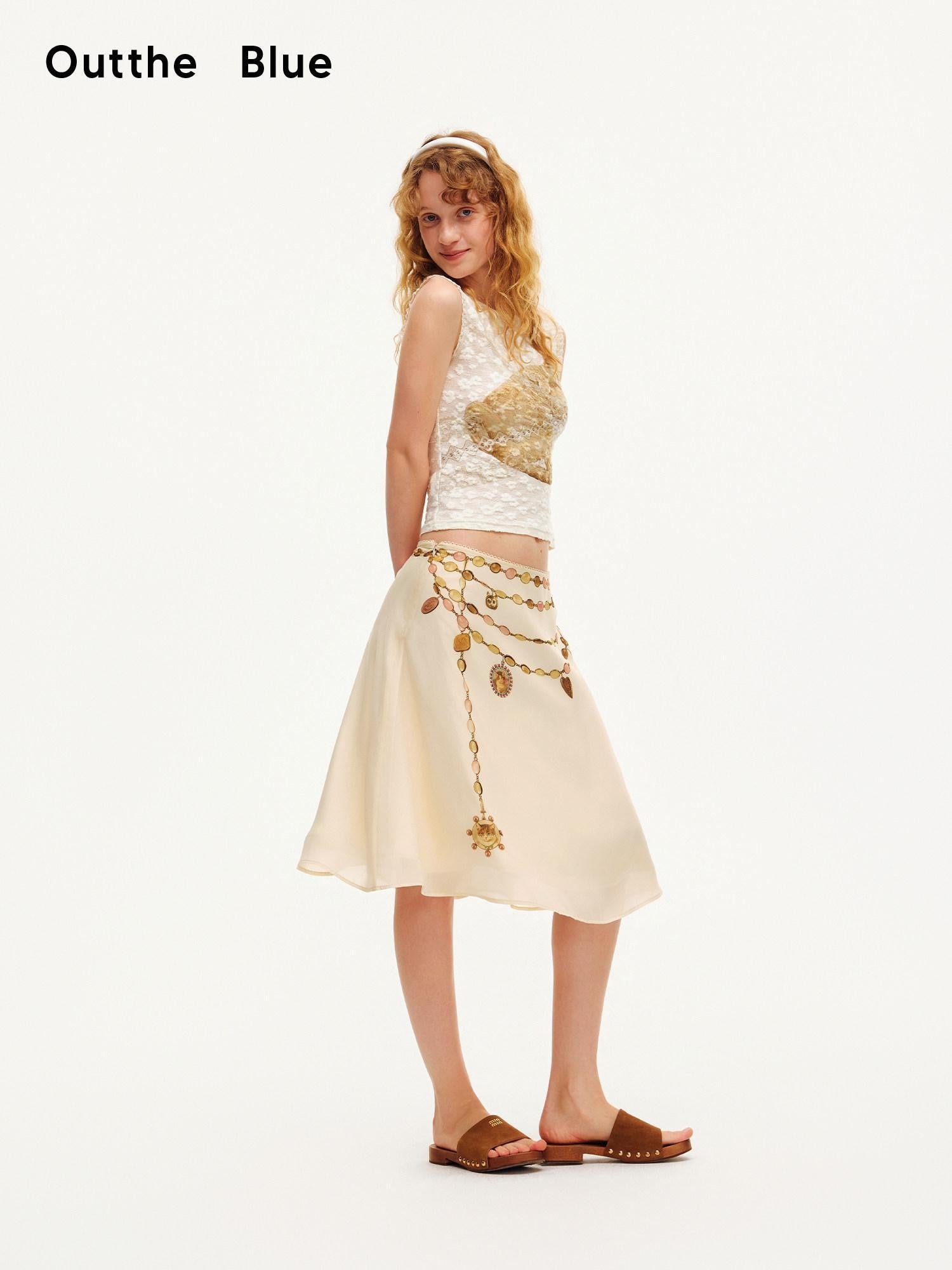 OuttheBlue Double Layer Printed Chiffon Satin Sheer A Line Women&