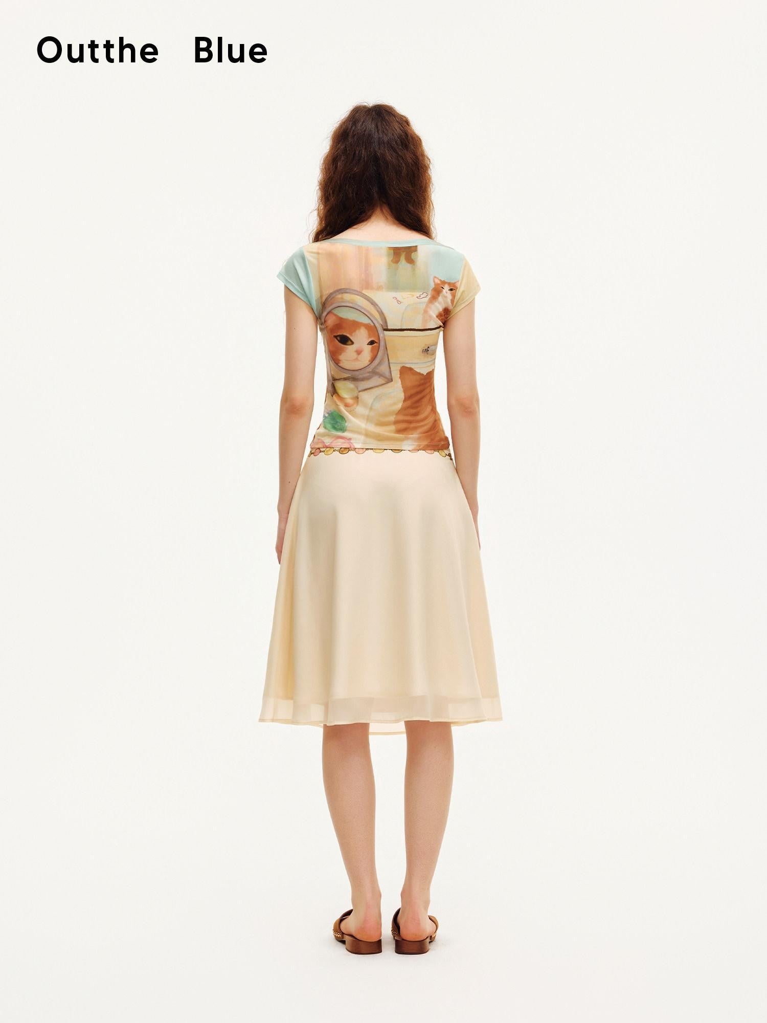 OuttheBlue Double Layer Printed Chiffon Satin Sheer A Line Women&