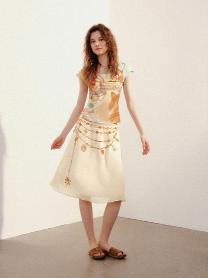 OuttheBlue Double Layer Printed Chiffon Satin Sheer A Line Women&
