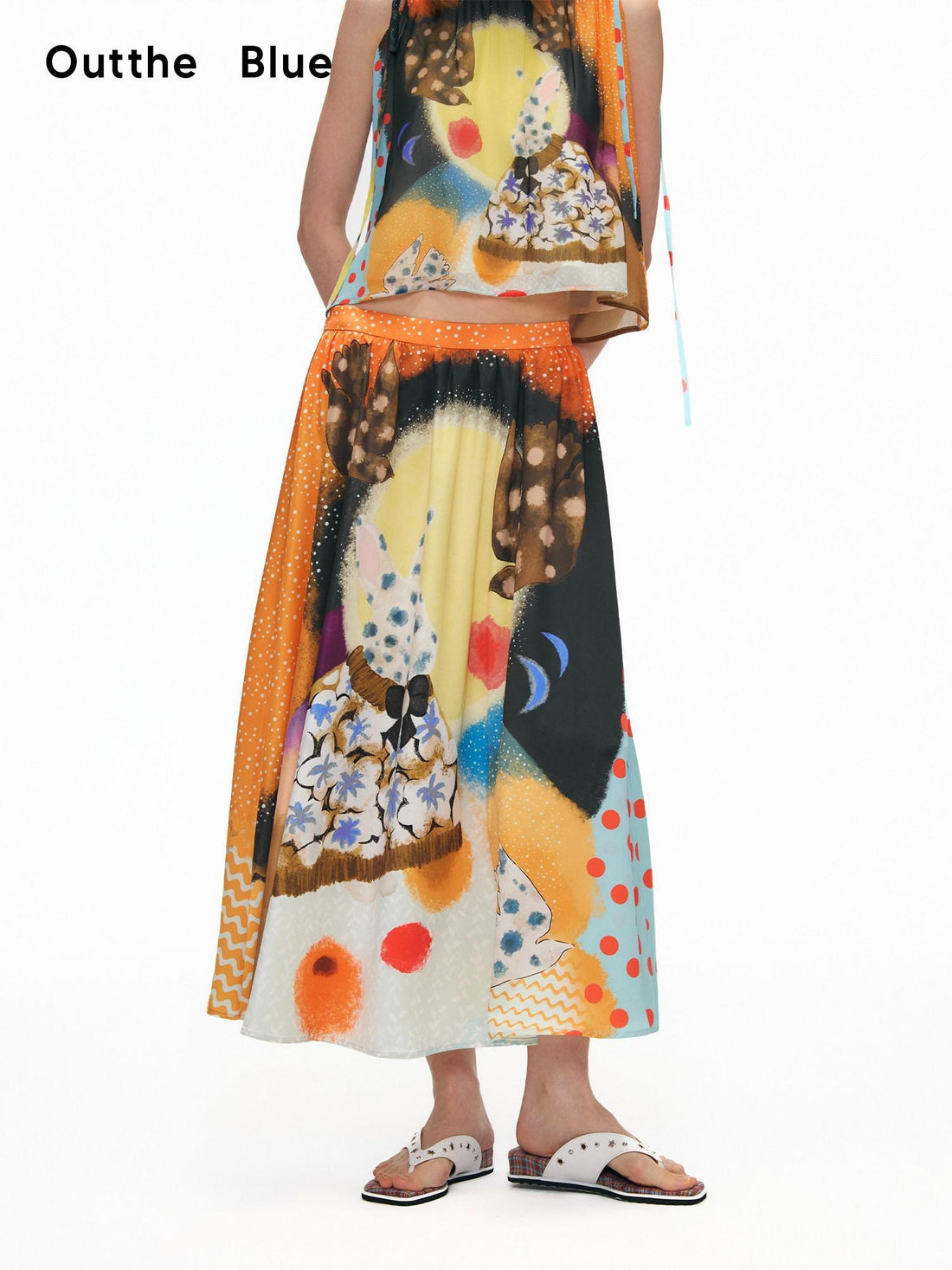 OuttheBlue Elastic Waist High Stretch Printed A Line Skirt Girls Blue Orange Maxi Skirts