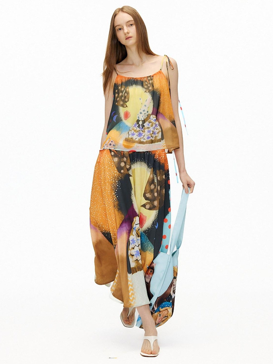 OuttheBlue Elastic Waist High Stretch Printed A Line Skirt Girls Blue Orange Maxi Skirts