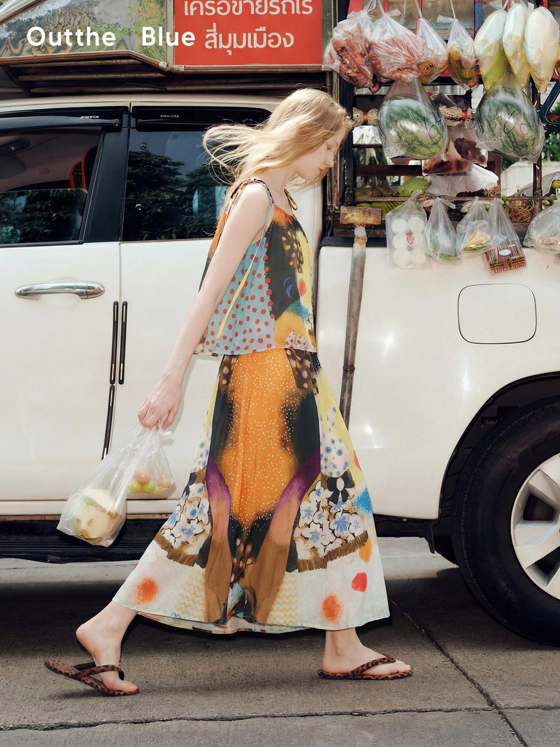 OuttheBlue Elastic Waist High Stretch Printed A Line Skirt Girls Blue Orange Maxi Skirts