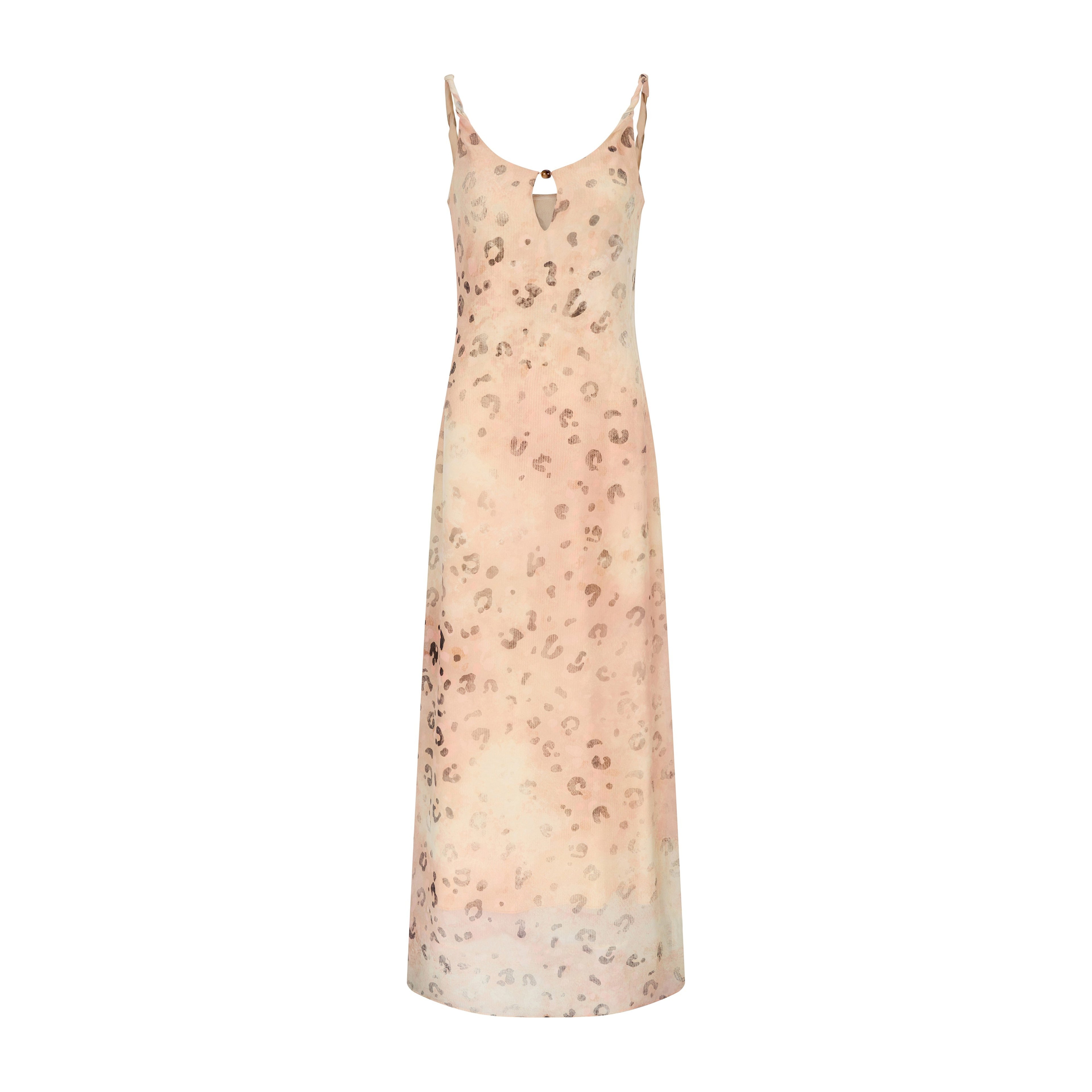 OuttheBlue Elegant Fitted Waist Spaghetti Strap V-neck A Line Almond Print Maxi Dresses