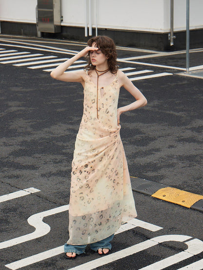 OuttheBlue Elegant Fitted Waist Spaghetti Strap V-neck A Line Almond Print Maxi Dresses