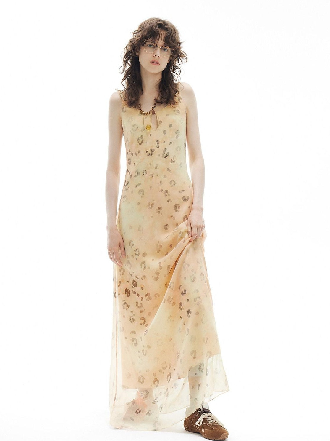 OuttheBlue Elegant Fitted Waist Spaghetti Strap V-neck A Line Almond Print Maxi Dresses