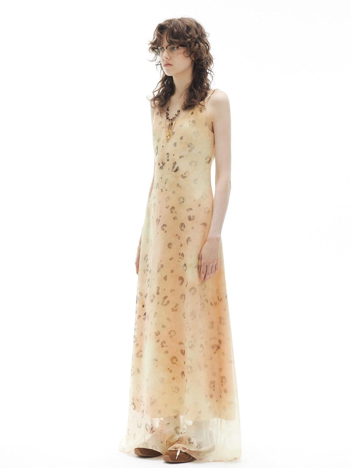 OuttheBlue Elegant Fitted Waist Spaghetti Strap V-neck A Line Almond Print Maxi Dresses