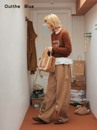 OuttheBlue Embroidered Animal Original Small Square Youth Polyester Honey Brown Tote Bags