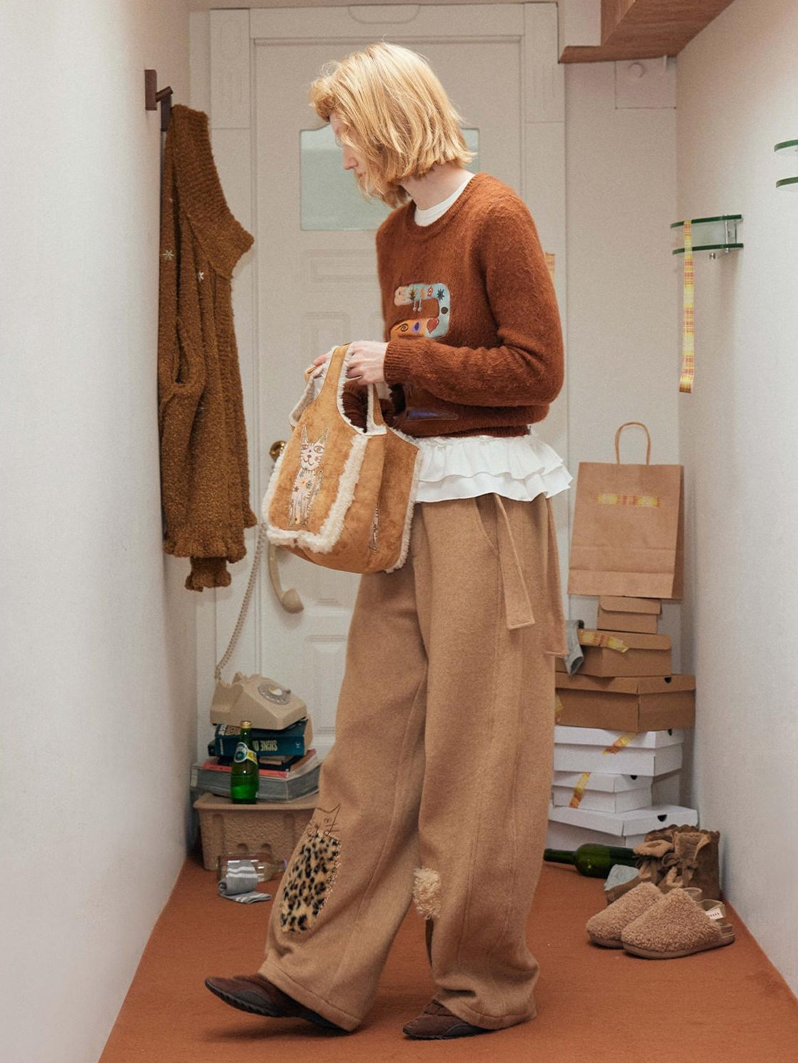 OuttheBlue Embroidered Animal Original Small Square Youth Polyester Honey Brown Tote Bags