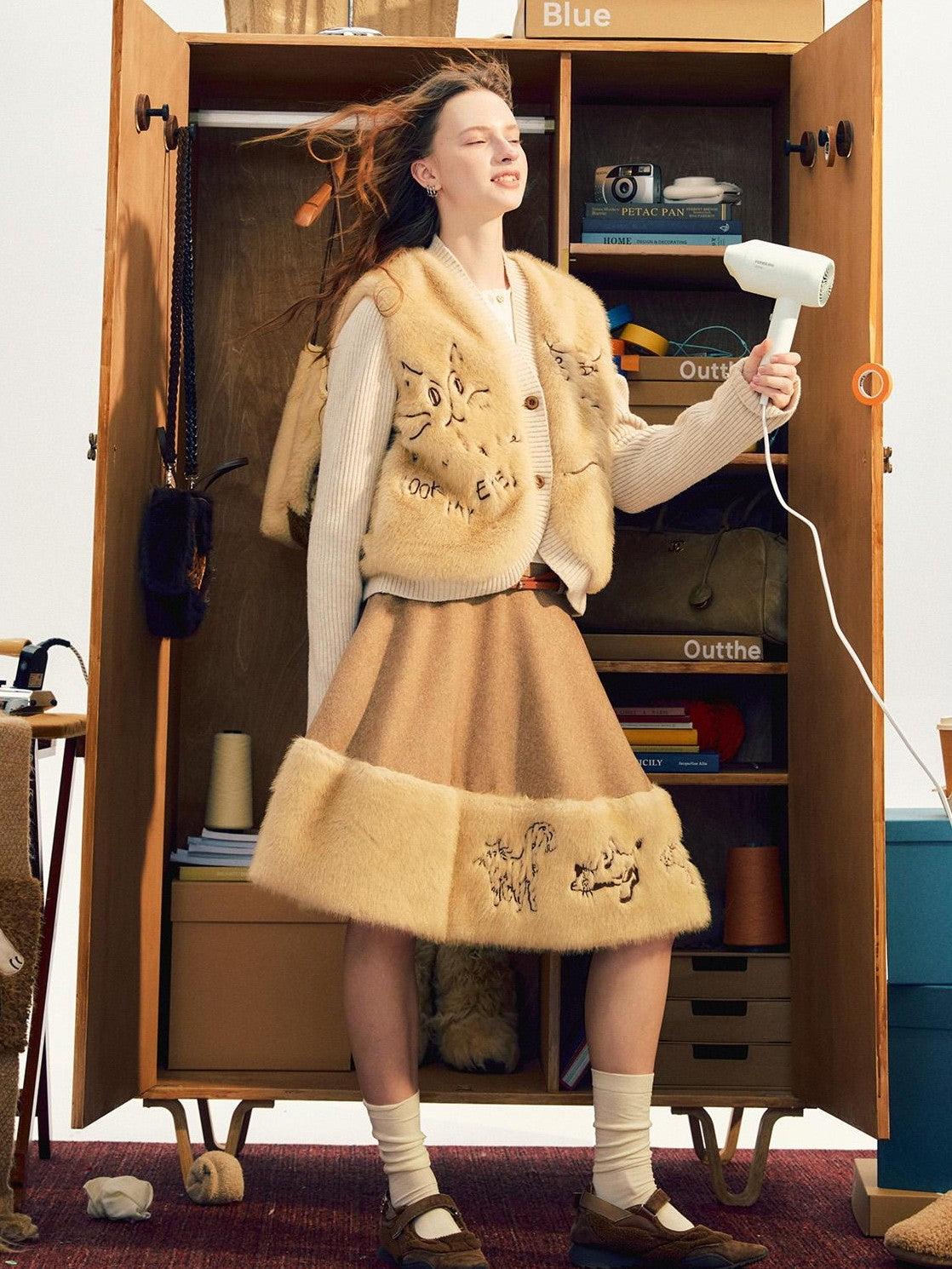 OuttheBlue Embroidered Animal Plush Knit Texture Women&