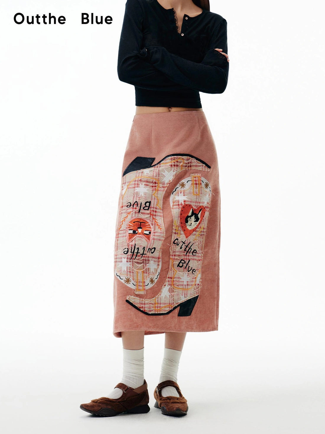 OuttheBlue Embroidered Cat Knight Chenille Midi Skirt