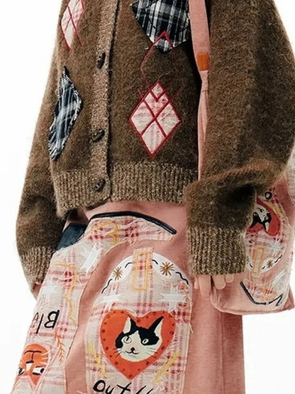 OuttheBlue Embroidered Cat Knight Chenille Midi Skirt