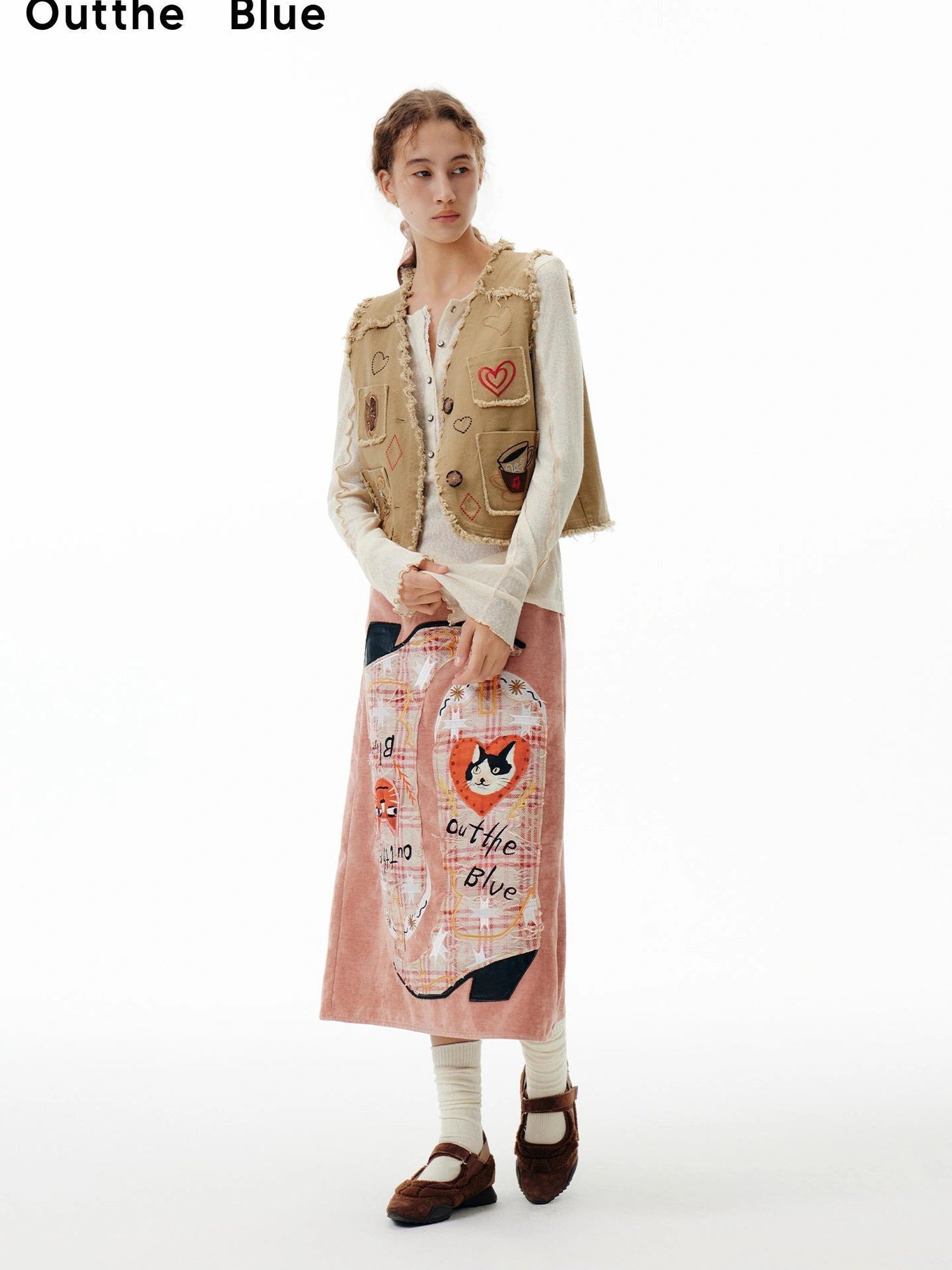 OuttheBlue Embroidered Cat Knight Chenille Midi Skirt