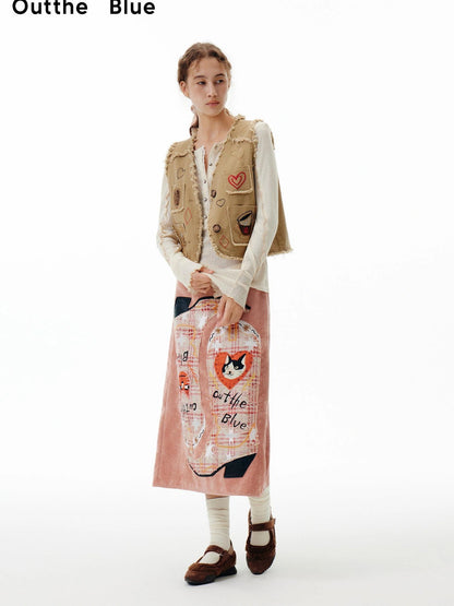 OuttheBlue Embroidered Cat Knight Chenille Midi Skirt