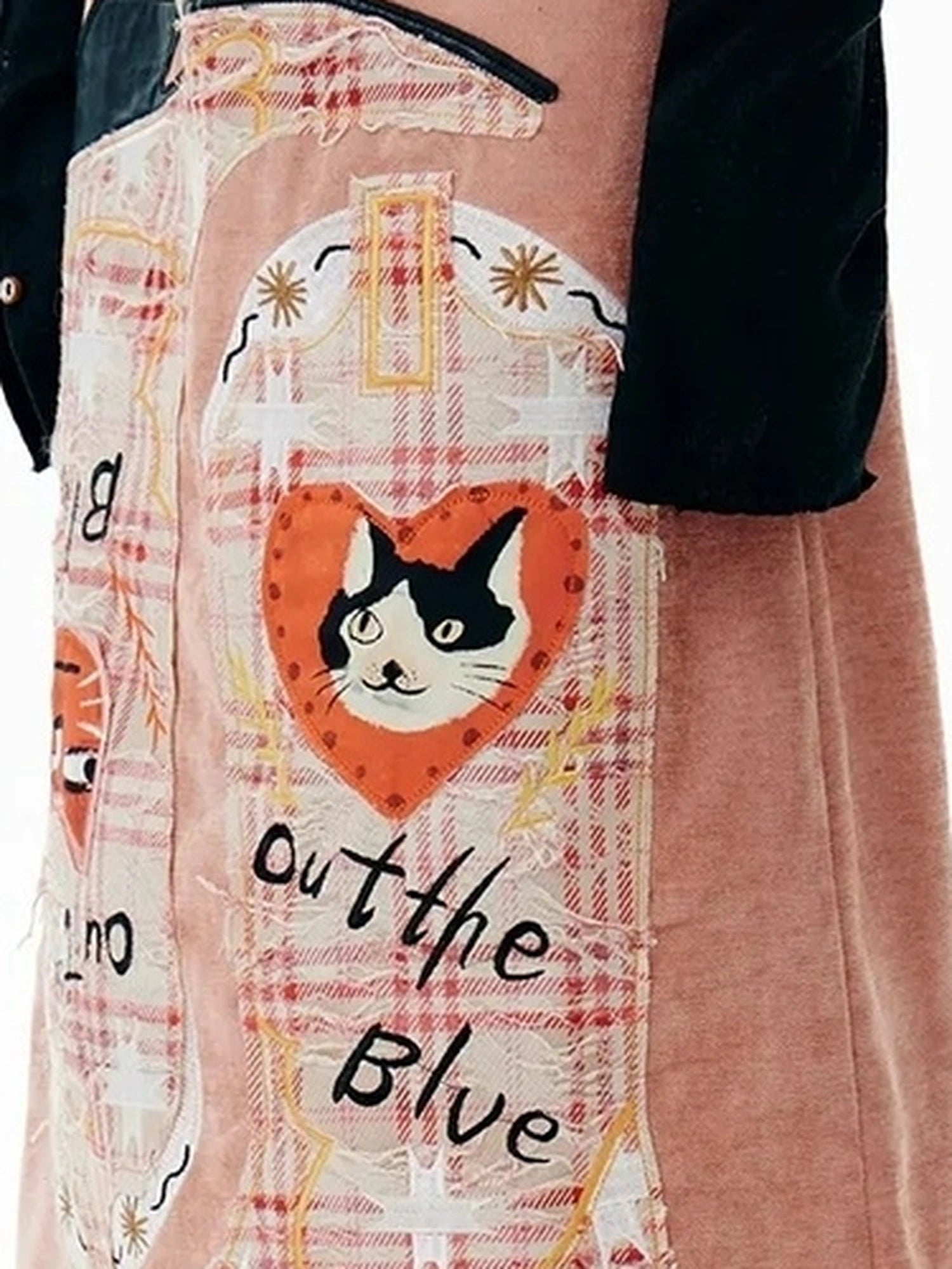 OuttheBlue Embroidered Cat Knight Chenille Midi Skirt