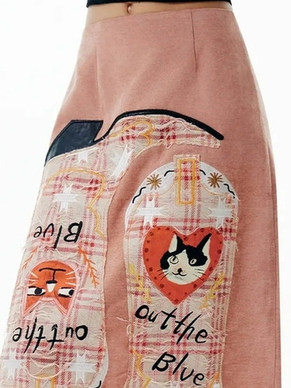 OuttheBlue Embroidered Cat Knight Chenille Midi Skirt