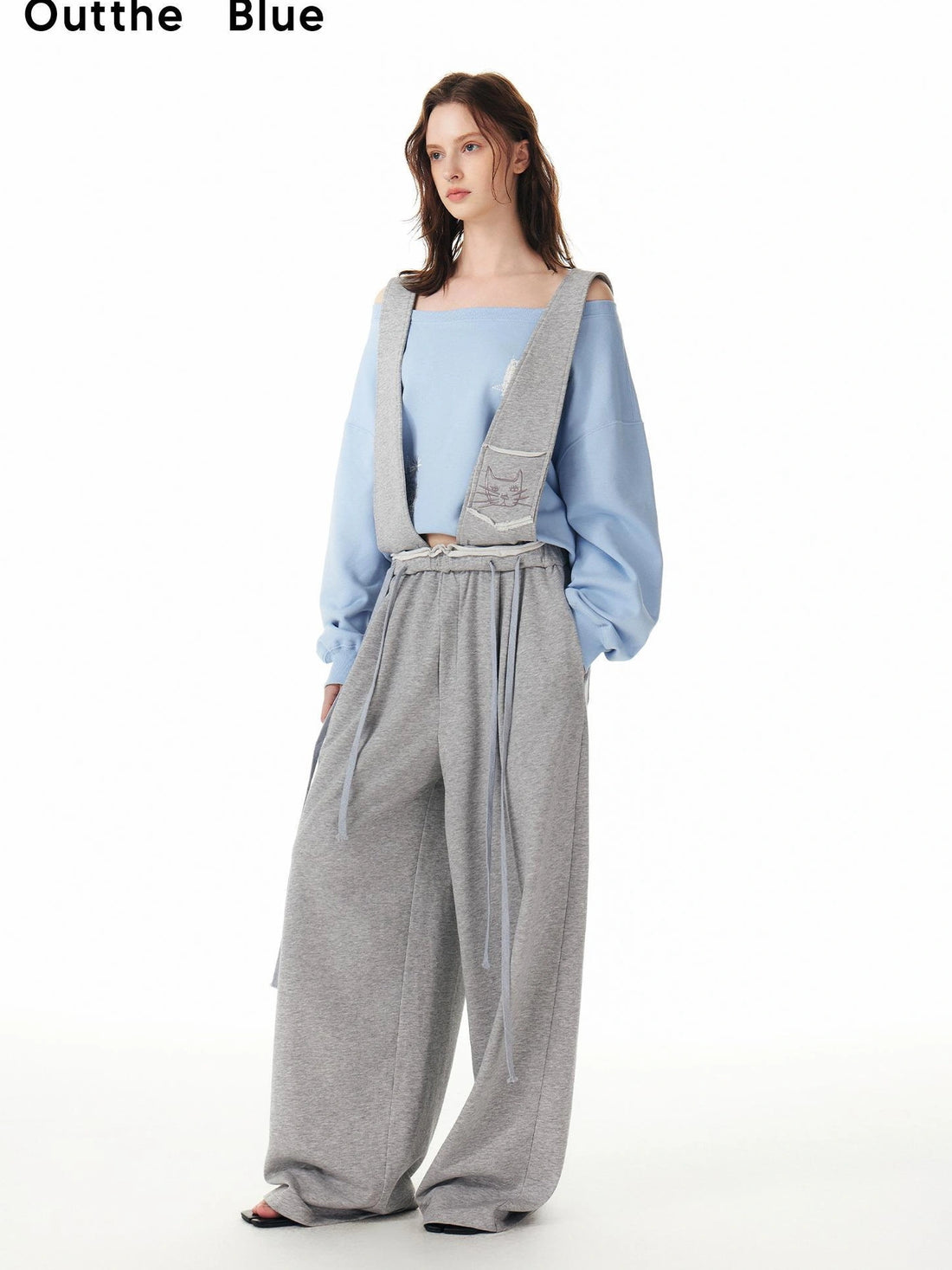 OuttheBlue Embroidered Cat Print Wide Leg Jumpsuit