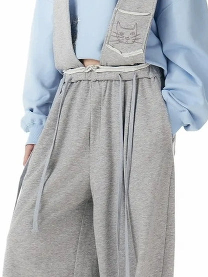 OuttheBlue Embroidered Cat Print Wide Leg Jumpsuit