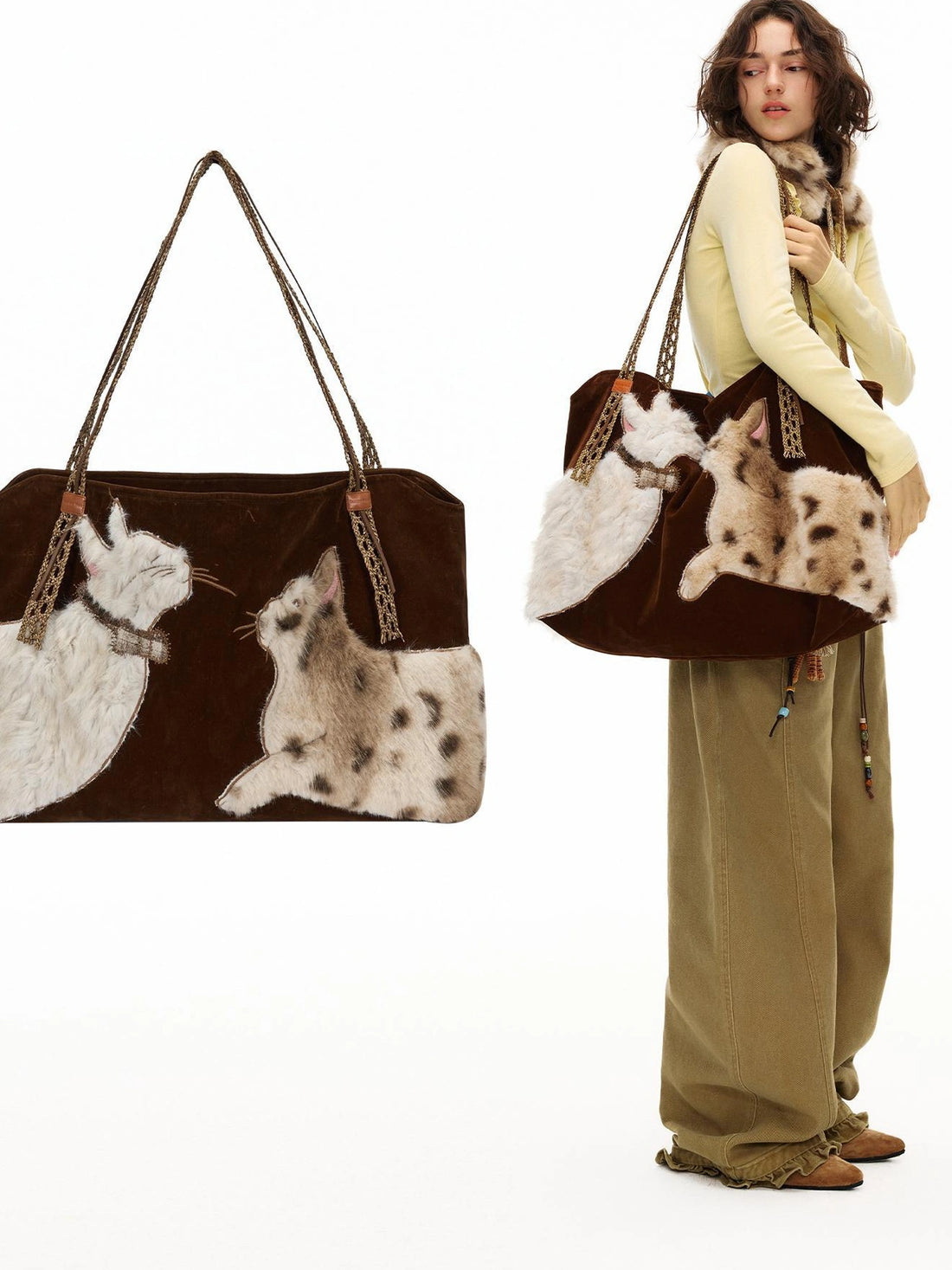 OuttheBlue Embroidered Faux Fur Tote Bag