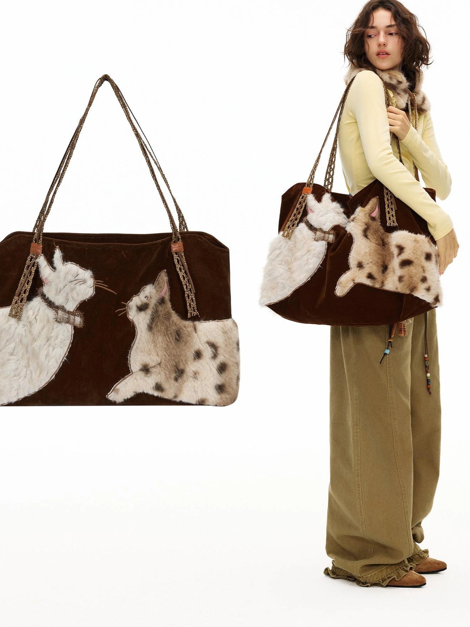 OuttheBlue Embroidered Faux Fur Tote Bag