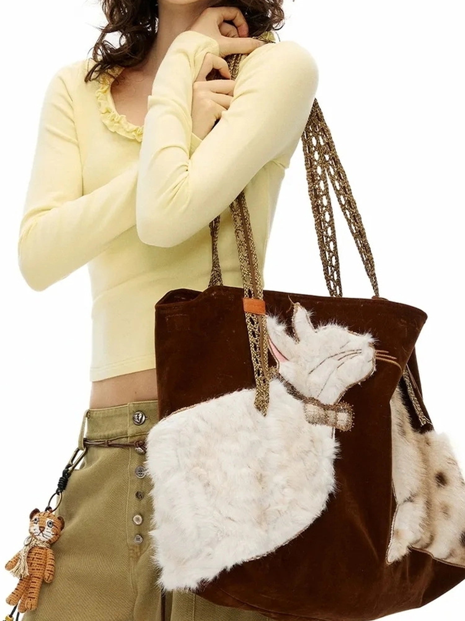 OuttheBlue Embroidered Faux Fur Tote Bag