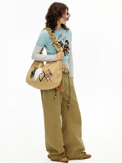 OuttheBlue Embroidered Geometric Canvas Dumpling Shoulder Crossbody Youth Light Brown Bag