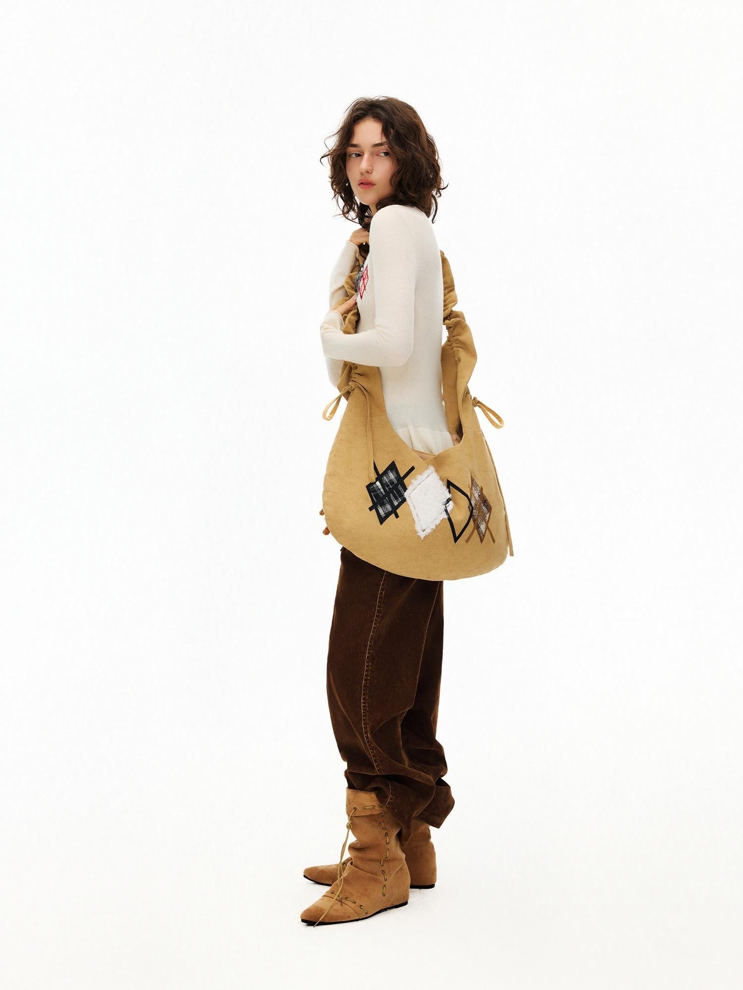 OuttheBlue Embroidered Geometric Canvas Dumpling Shoulder Crossbody Youth Light Brown Bag