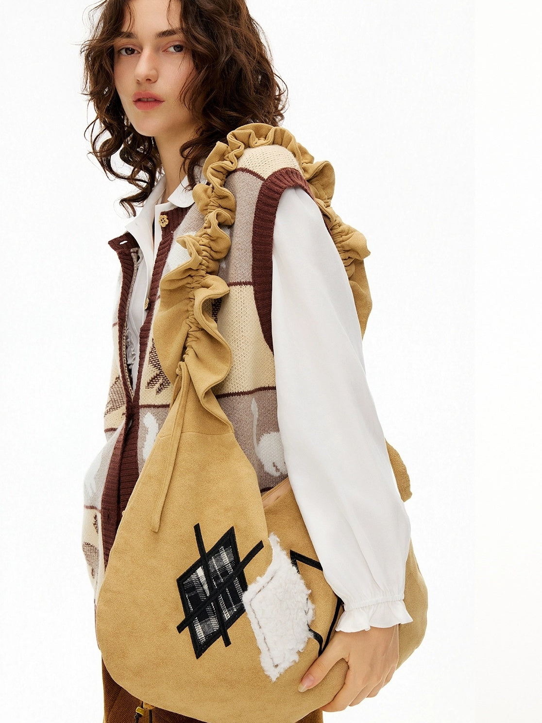 OuttheBlue Embroidered Geometric Canvas Dumpling Shoulder Crossbody Youth Light Brown Bag